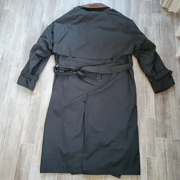 London Fog Men’s Sz 46 Long Black Trench Coat, Lined, Button Front, EUC